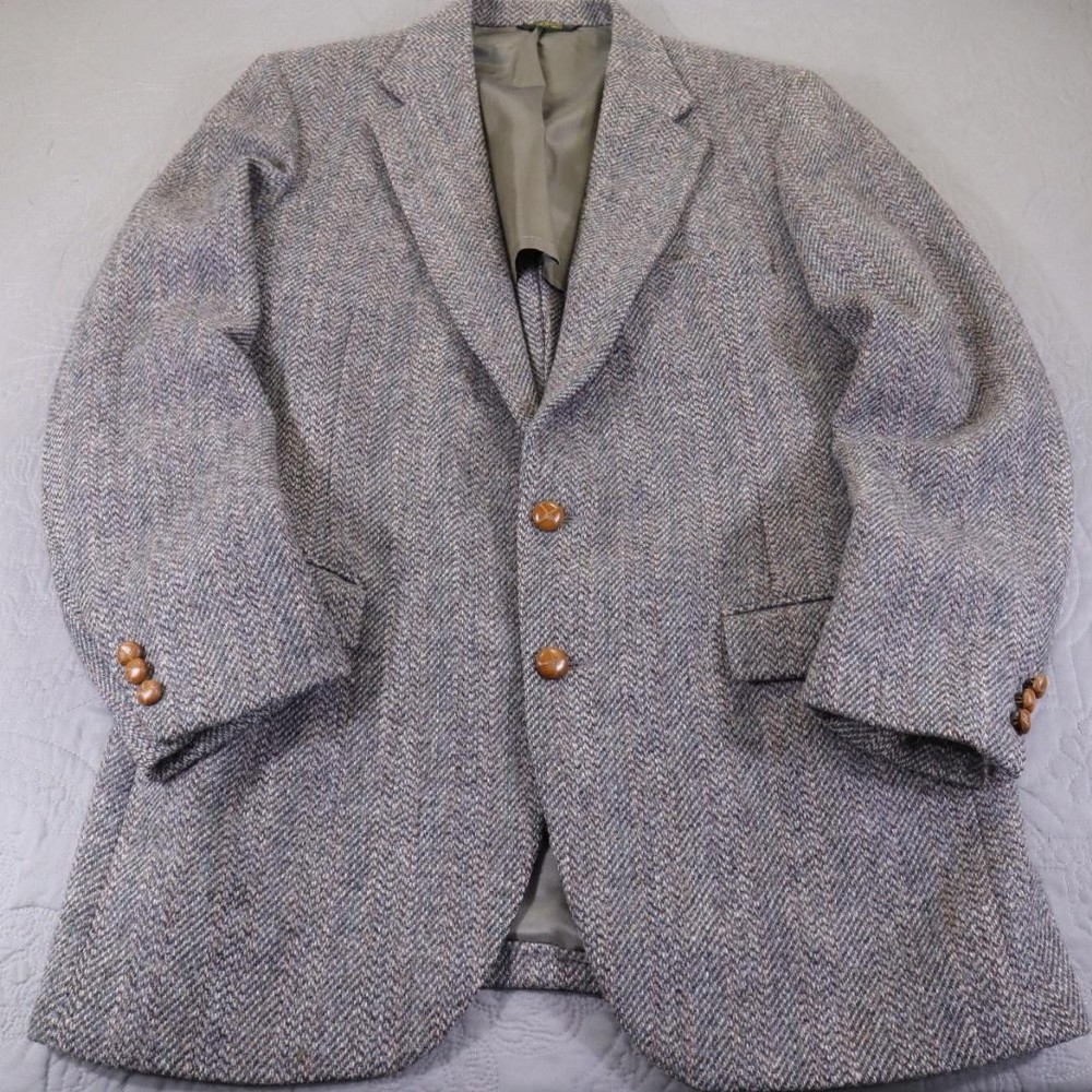 Harris Tweed Blazer Sport Coat Mens 44 Gray Herringbone Wool Handwoven USA