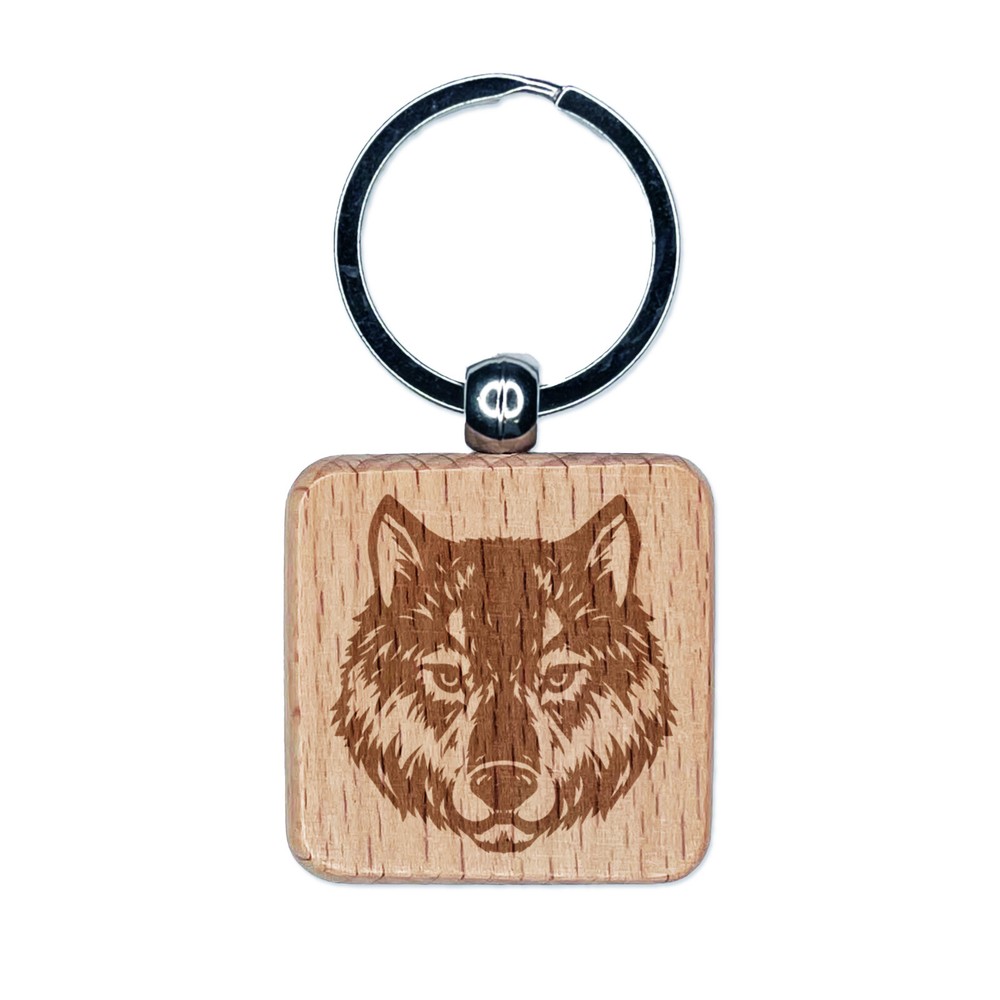 Realistic Wolf Head Engraved Wooden Square Keychain Charm Tag  