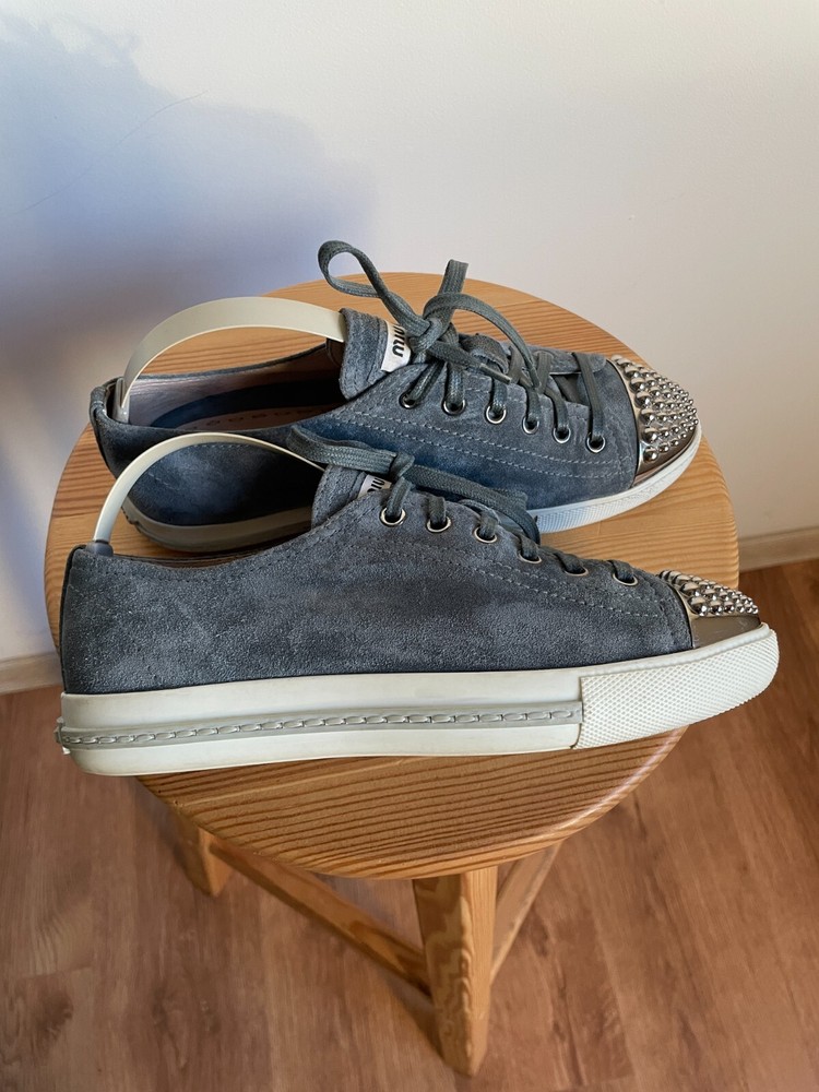 Miu Miu Grey Suede Studded Cap Toe Womens Sneakers Size 37.5 EU