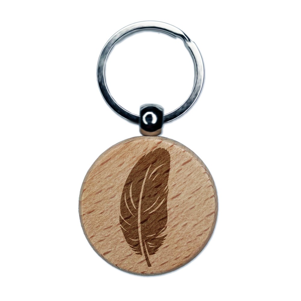 Stout Bird Feather Engraved Wood Round Keychain Tag Charm