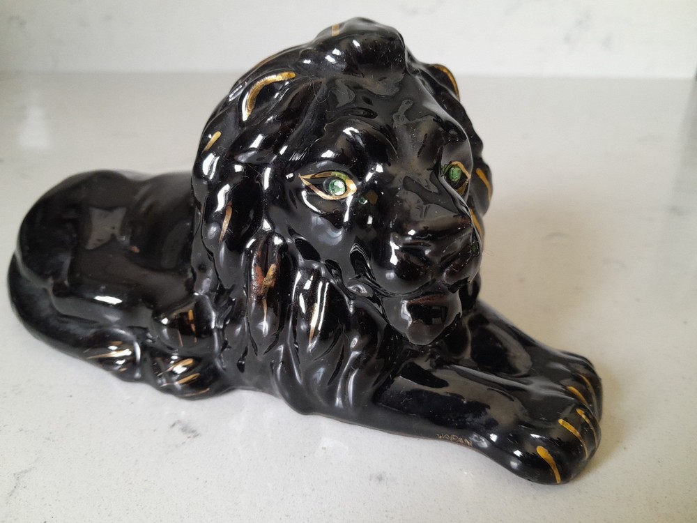 Vintage 1950s MCM Japanese Redware Lion Sculpture with Jeweled Eyes and 24k Gold Gilding