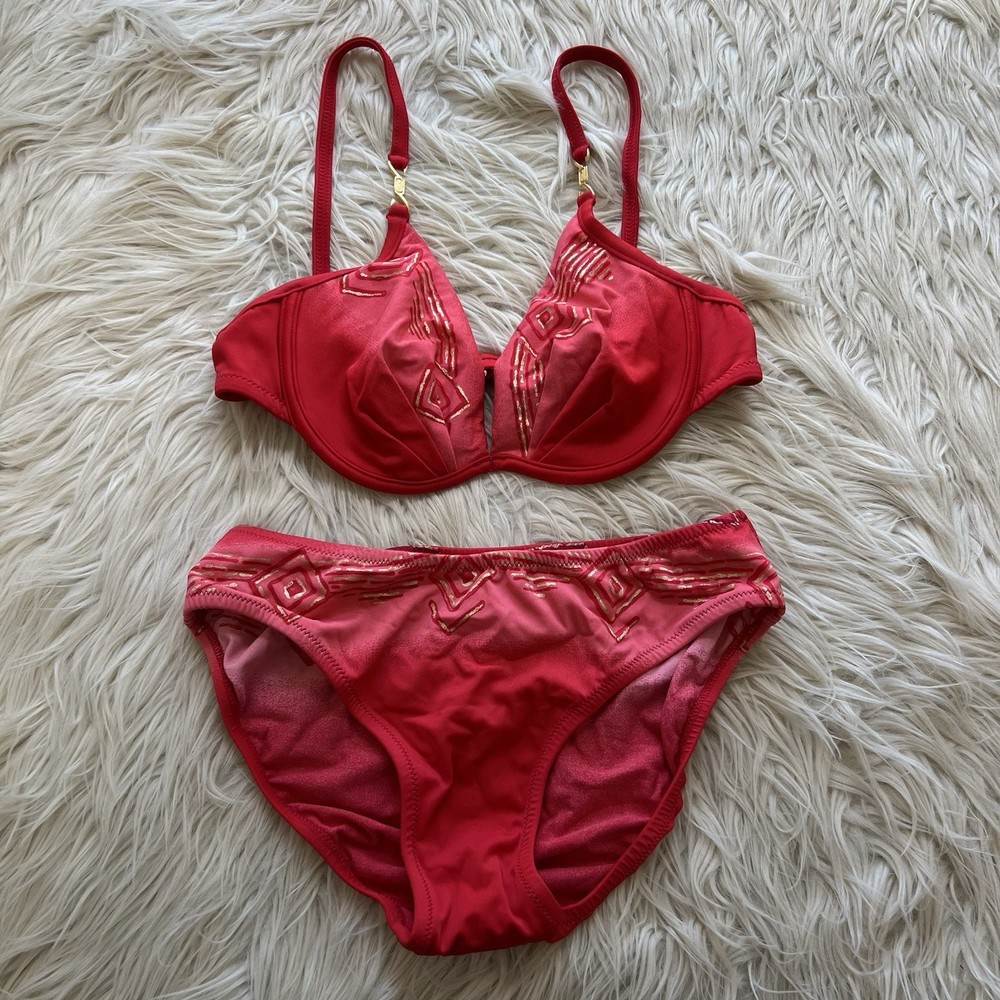 Vintage Tara Grin a Red Tribal Underwire Bikini Swimsuit Size 10 36 B/C