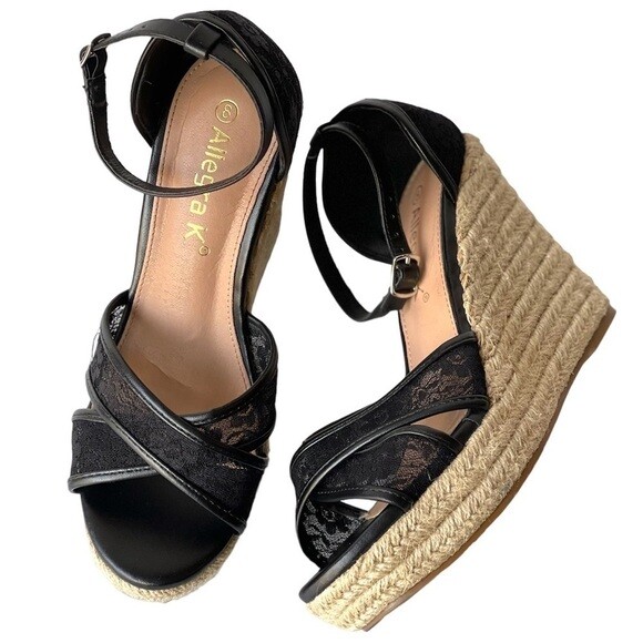 Allegra K Women's Strappy Black Wedge Sandal Platform Heels Size 8 Casual Comfort Summer Style