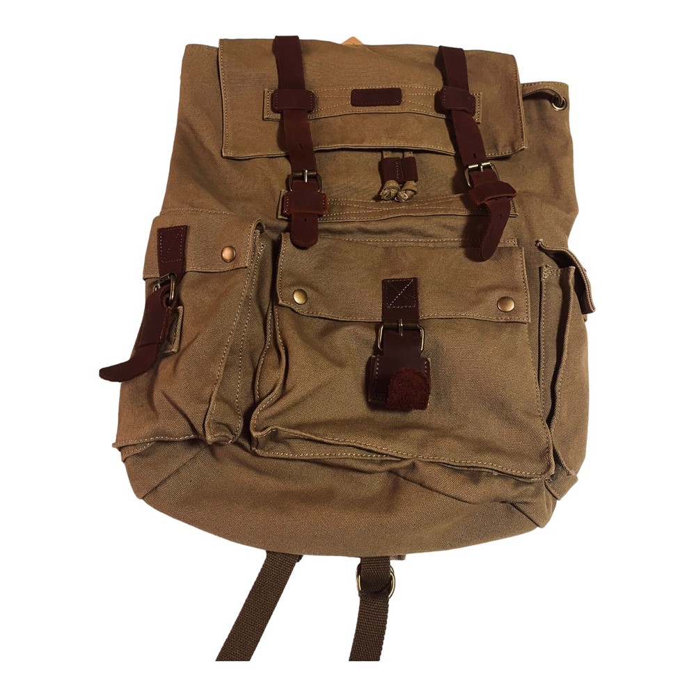 Oordee Canvas Rucksack Backpack Leather Accents Army Green Hiking School Sz L
