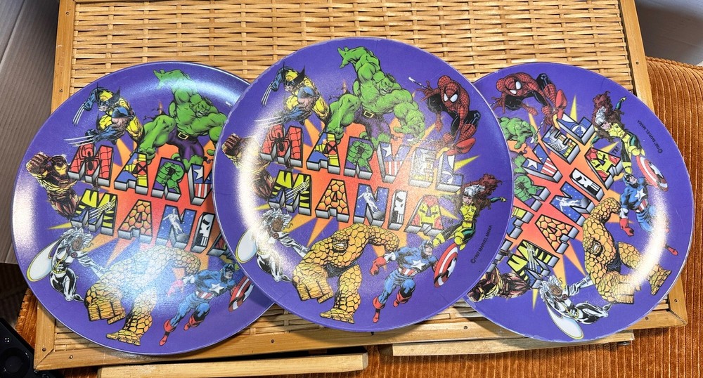 3 Vintage Marvel Mania Character Plates 1997 Ironman Wolverine Hulk Spiderman￼