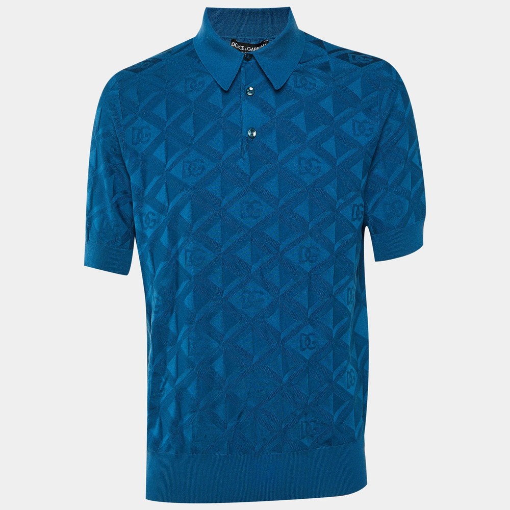 Dolce Gabbana Blue DG Geometric Pattern Silk Knit Polo TShirt M
