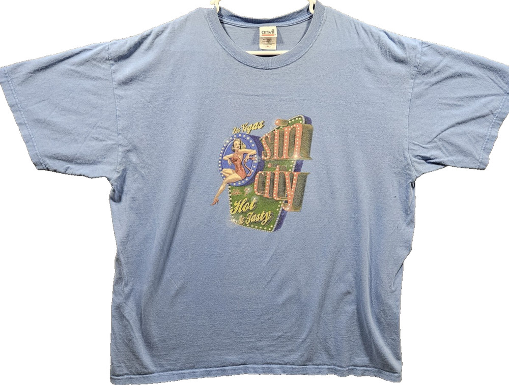 Vintage Las Vegas Sin City Blue Graphic T-Shirt Y2K Size XL FAST SHIPPING