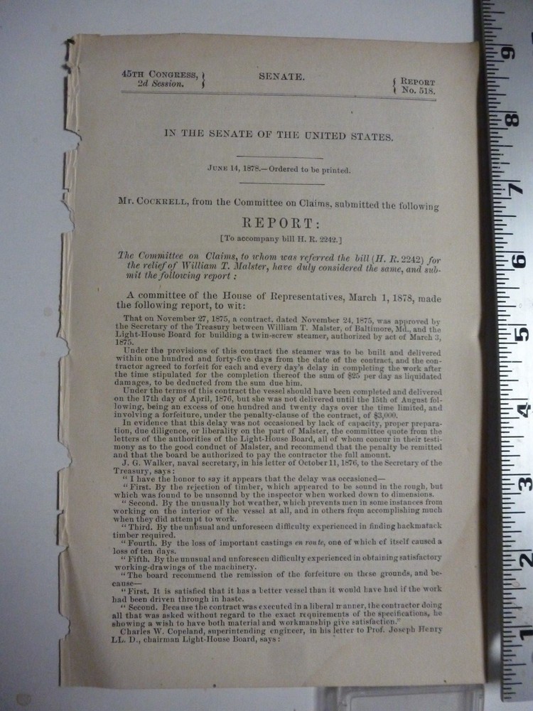 Government Report 1878 Committee On Claims Building Twin Screw Steamer, #3137