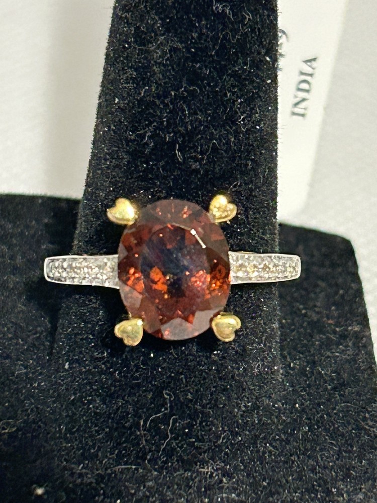 Hessonite with white topaz, 18k yellow gold over sterling silver, women's sz 9