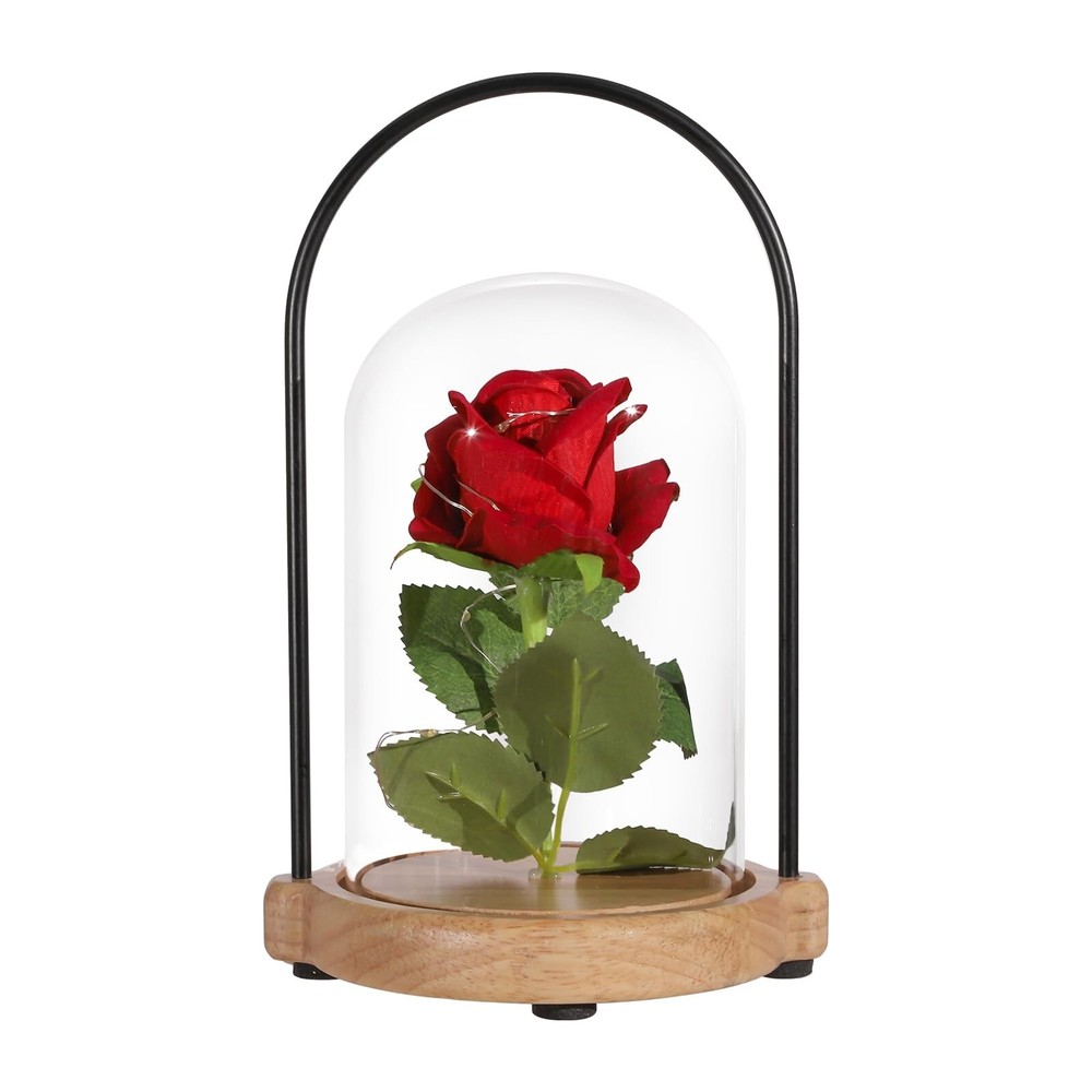 Quem Forever Rose Flower Gifts in Glass Dome with Metal Handle Light Up Artif...