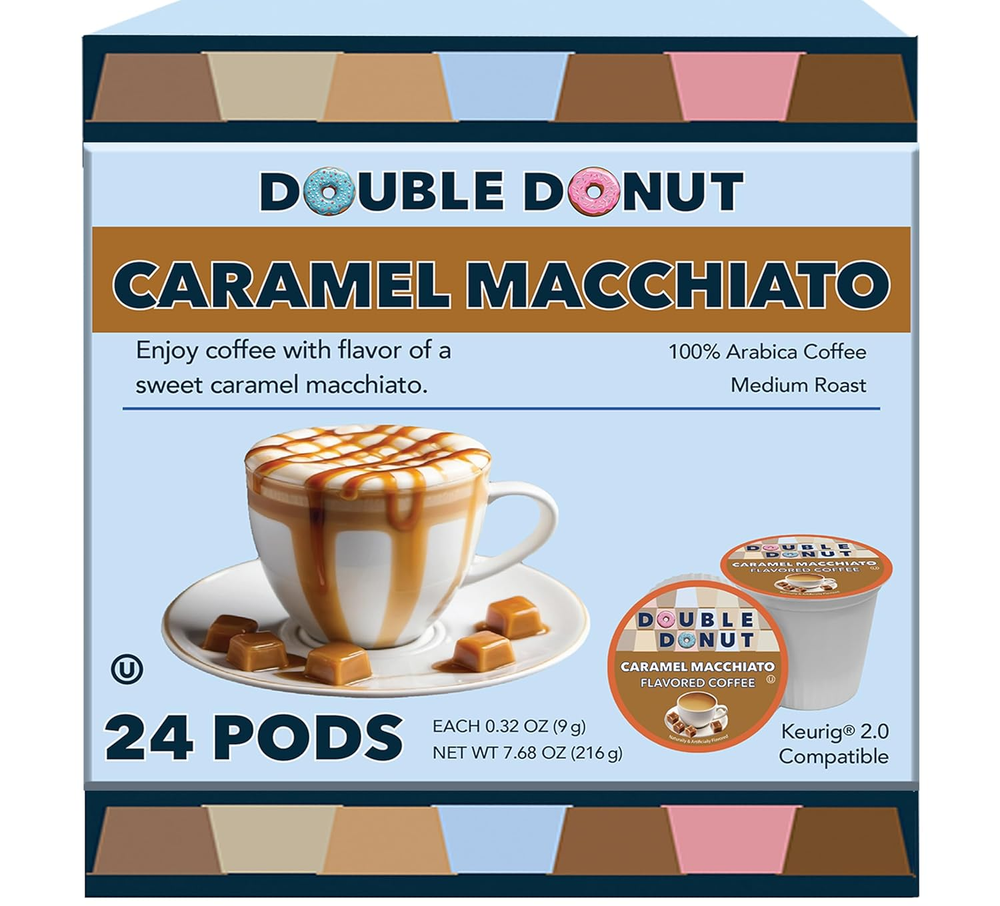 Double Donut Flavored Coffee Pods, Caramel Macchiato Coffee for Keurig K Cups Ma