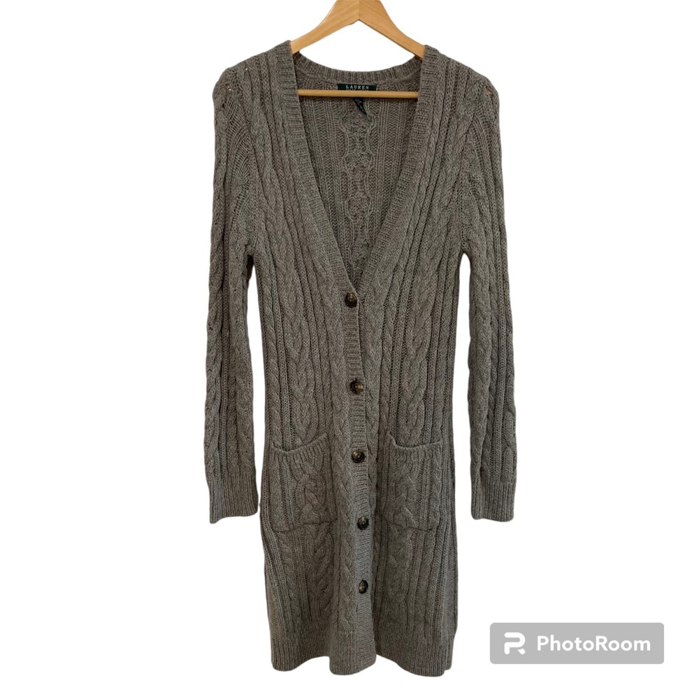 Lauren Ralph Lauren Alpaca Sweater Long Cardigan Cable Knit Gray Womens Size L