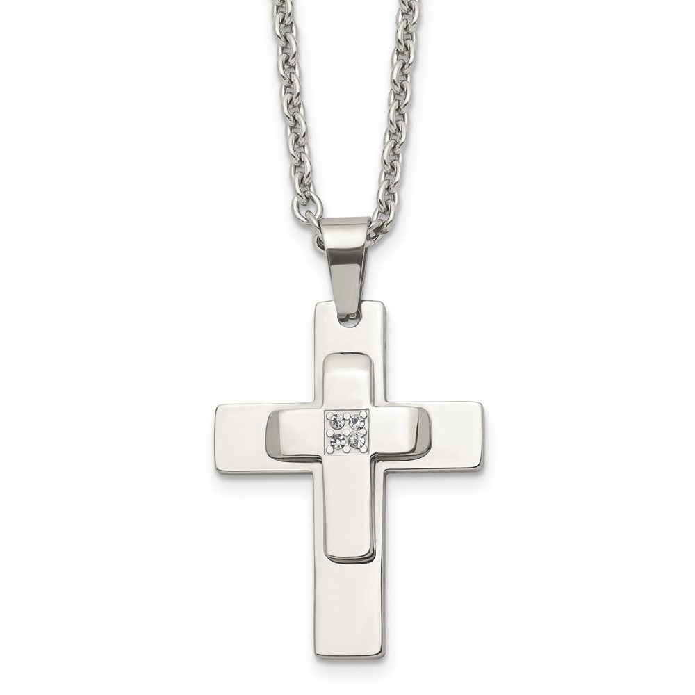 Stainless Steel CZ Cross Pendant Necklace with 22 Inch Cable Chain