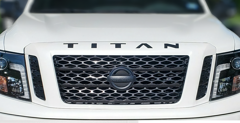 VINYL: GLOSS BLACK Letters Nissan Titan Hood Grill 2016 - 2019