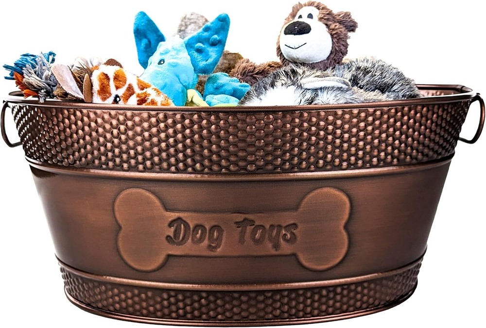 Indestructible Metal Dog Toy Bin - Copper Galvanized Storage Bin with Handl...