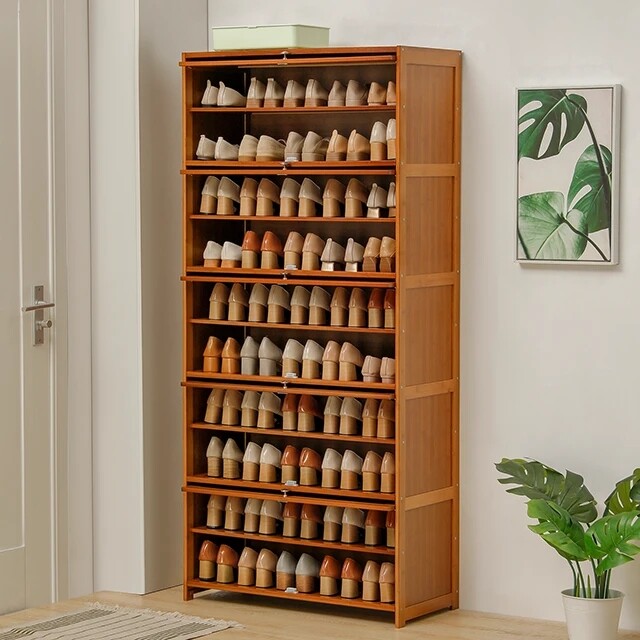 10-Tier Bamboo Shoe Rack Cabinet with Wood Shelf for Storage & Organization