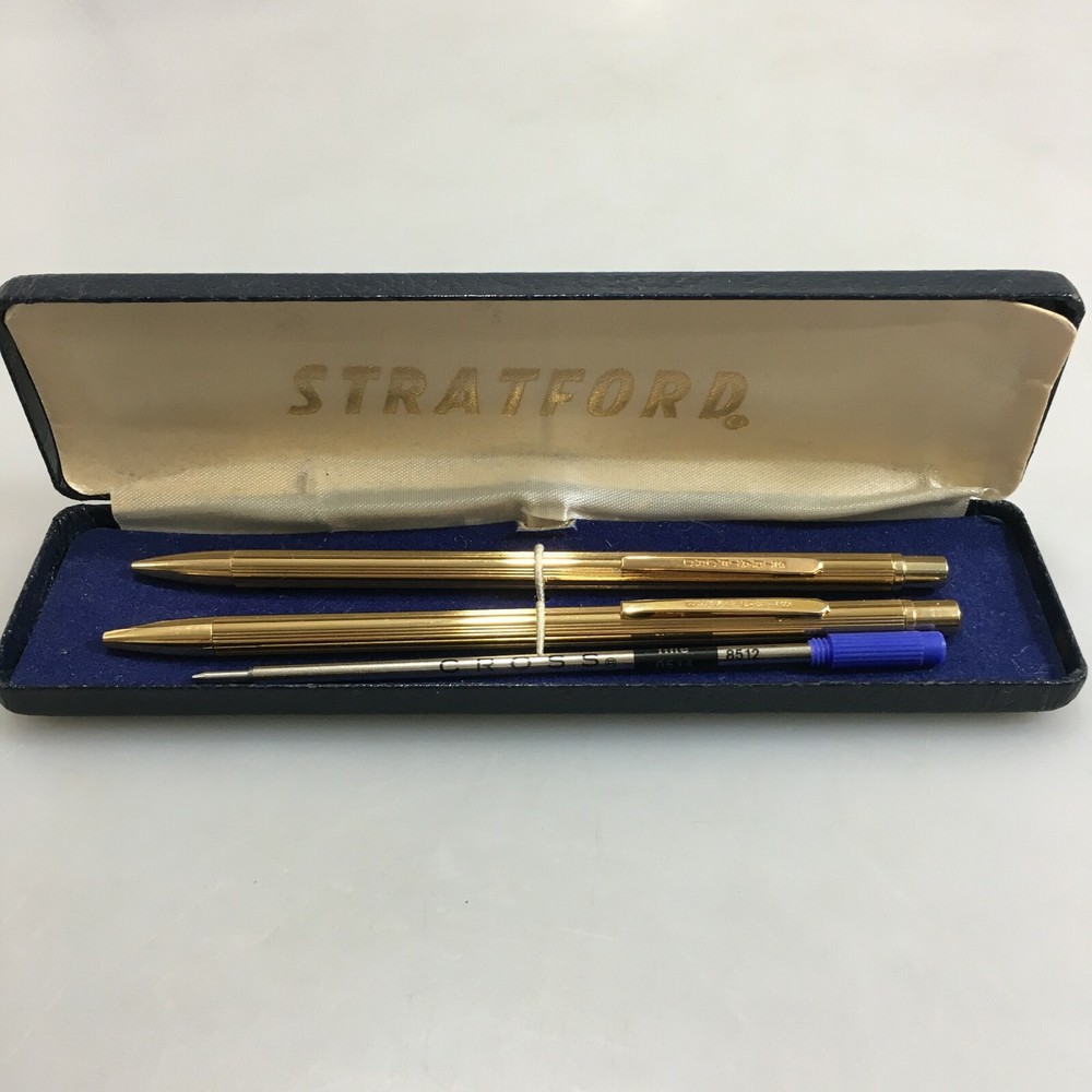 Stratford Goldtone Ballpoint Pen Mechanical Pencil Set Case w Ink Refill Vintage