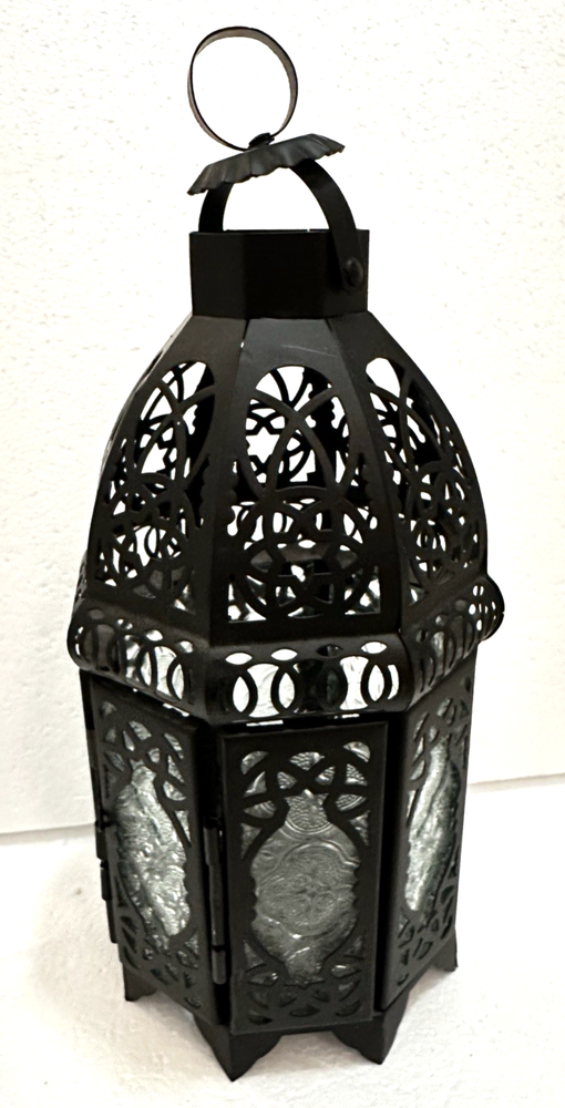 Black Lattice Iron Metal & Pressed Glass Moroccan Style Candle Holder Lamp 10”