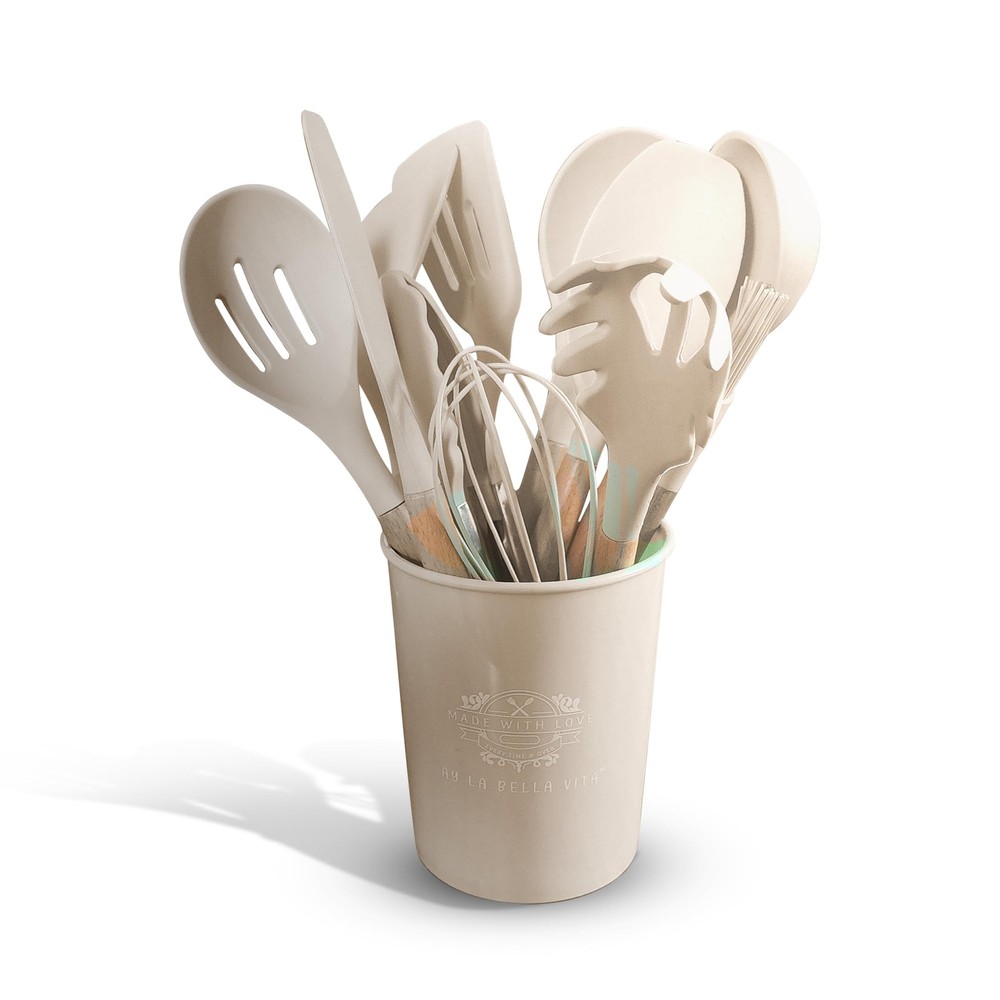 Silicone Utensil Set, 12 PCS Wooden Handle Nontoxic BPA Free 100% Food Silico...