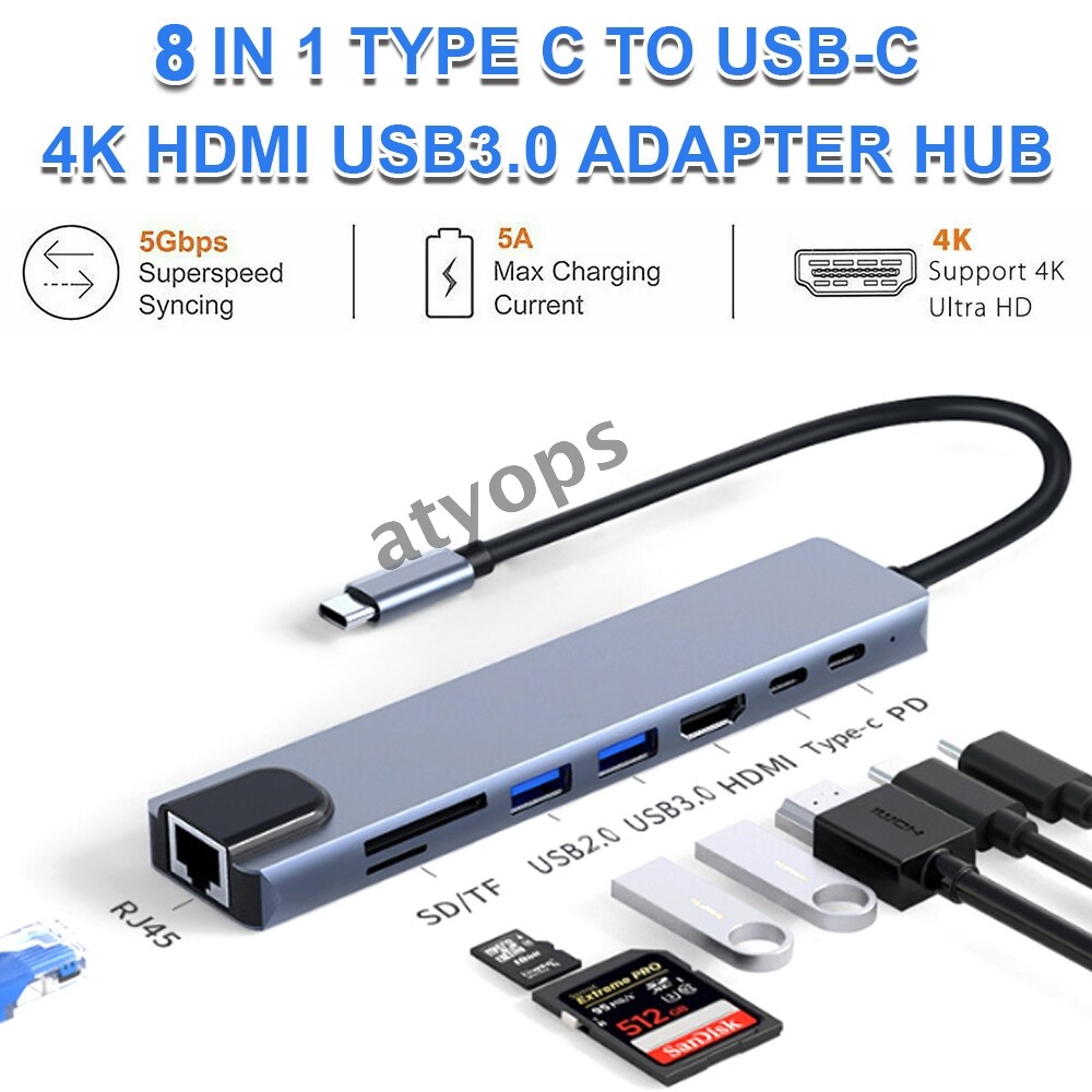 8-in-1 USB-C Hub with HDMI 4K, USB 3.0, Ethernet & PD for MacBook iPhone