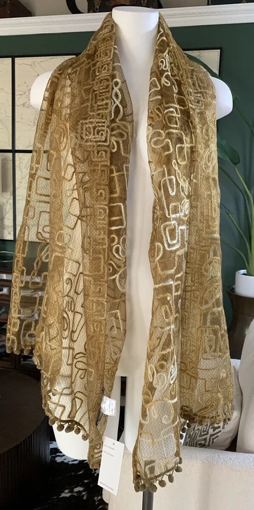 Zashi Women Golden Brown Embroidered Pom Pom Scarf Q