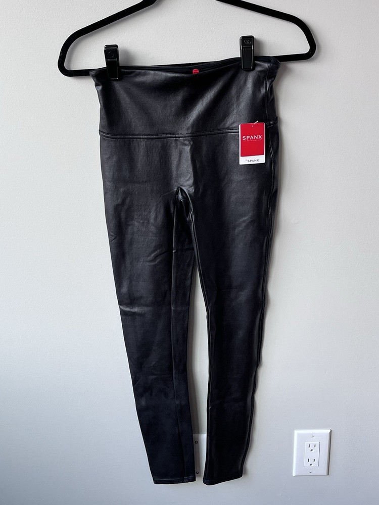 SPANX Size Medium Black Faux Leather High Waisted Stretch Ankle Leggings NWT 27”