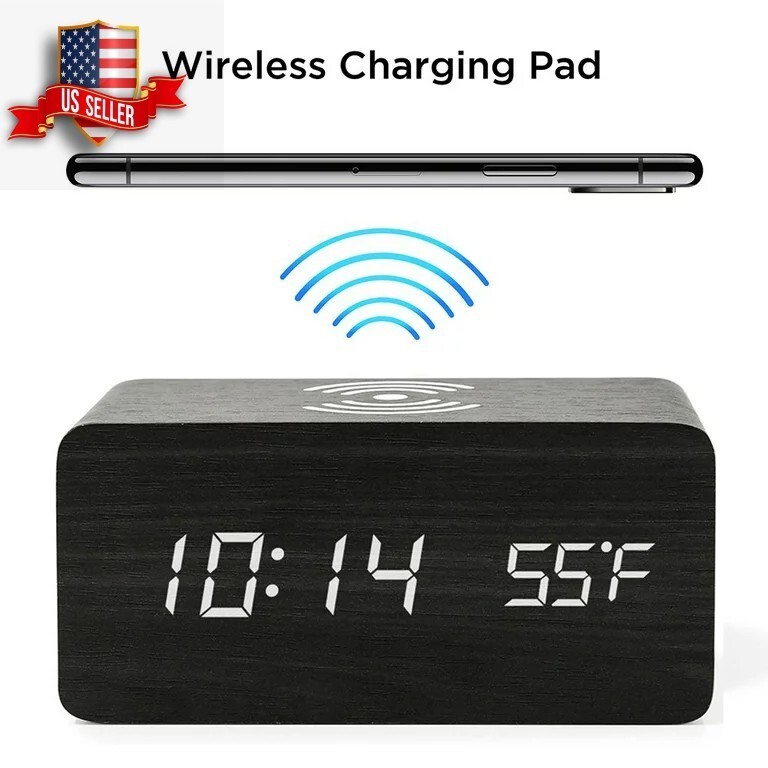 Modern Wooden Wood Digital LED Desk Alarm Clock Thermometer Qi Wireless Charger