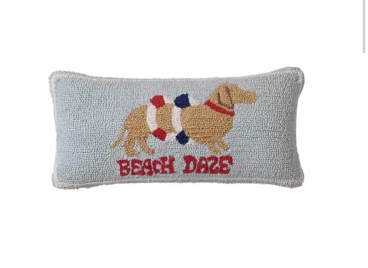 Mud Pie Lumbar Pillow Dachshund Dog Hooked Wool 18x8” “Beach Daze” NWT Summer