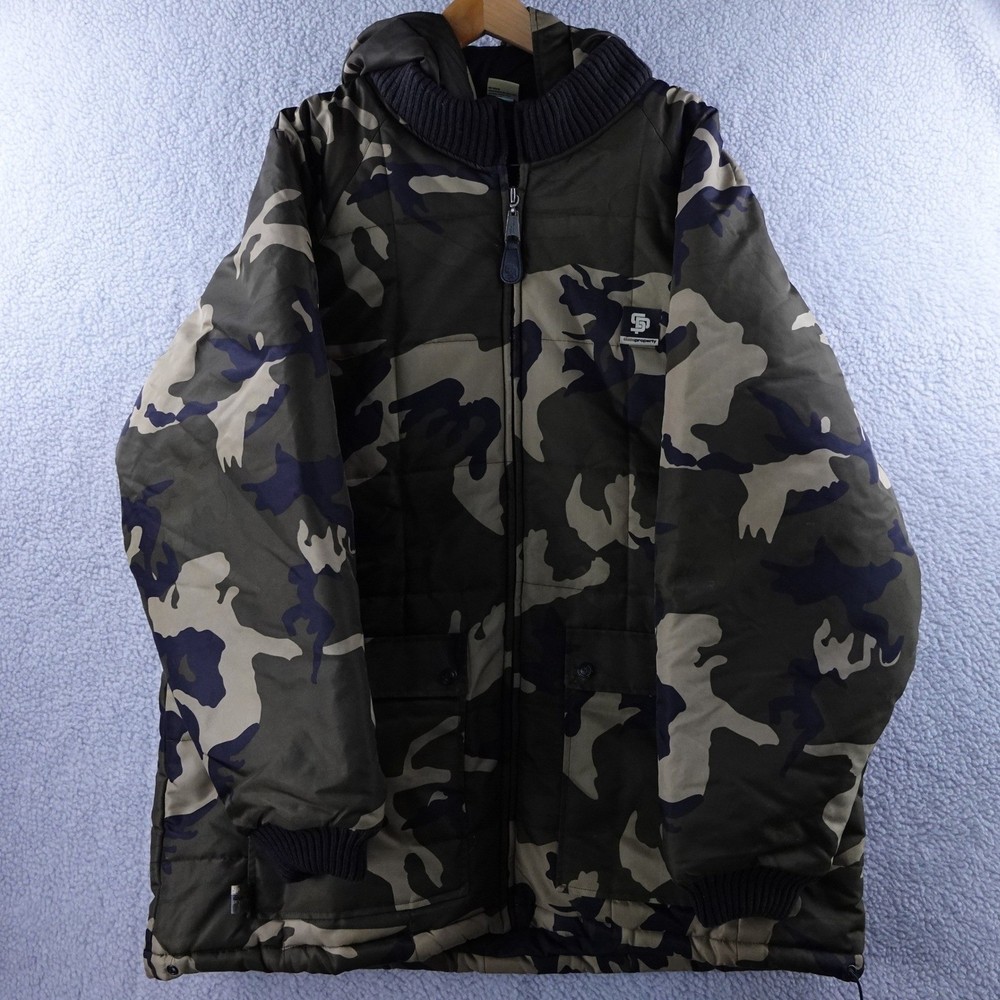 Rocawear Camouflage Puffer Jacket Hooded Full Zip Mens 2XL Green Tan Outdoor