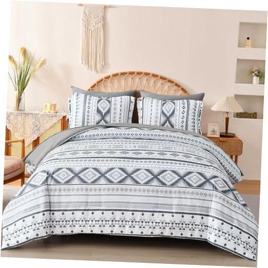 Grey Boho Comforter Set Queen Size,7 Pieces Bed in a Bag Queen Light Gray
