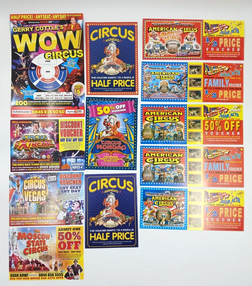 Job Lot Circus Flyers/Vouchers inc Circus Mondao, Uncle Sam's, Gerry Cottle-image