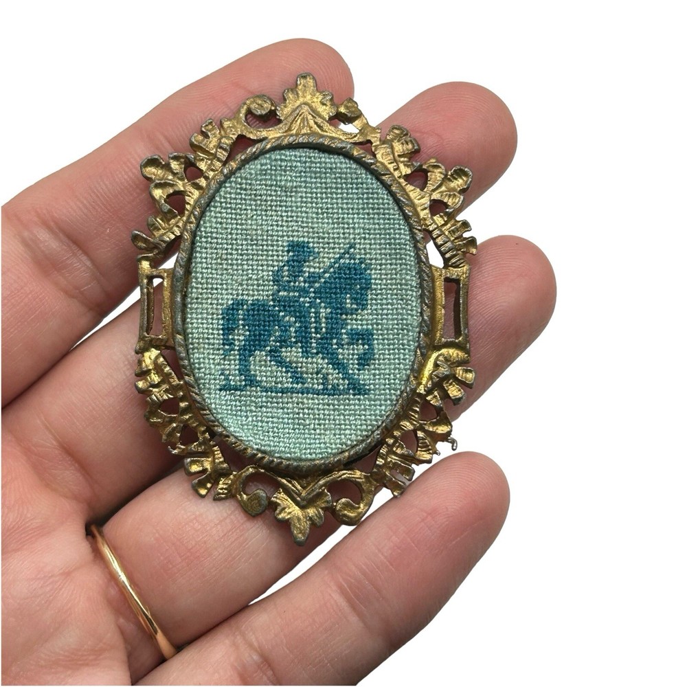 Small Vintage Needlework Art in Ornate Oval Brass Frame Matador Signed 1978