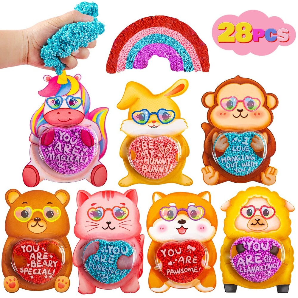 28 Pack Valentines Day Gift Cards with Colorful Foam Squishy Slime for Kids