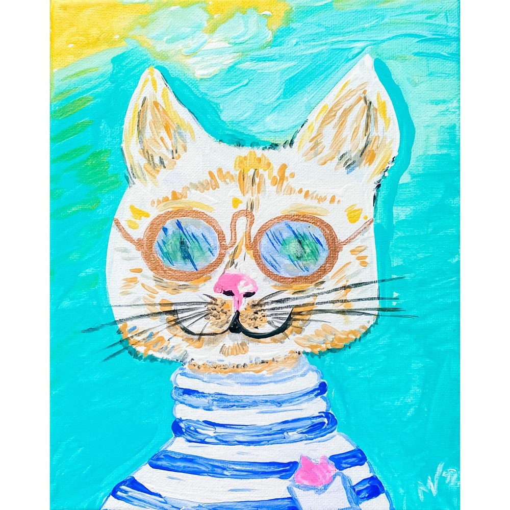 Hipster Cat Jacket Original Acrylic Painting Pet Portrait Wall Art Cool Cat Wall