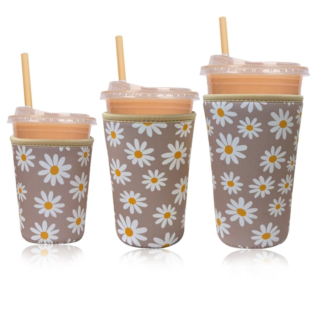 Reusable Insulated Neoprene Iced Coffee Cup Sleeve, Large, Sunny Daisies