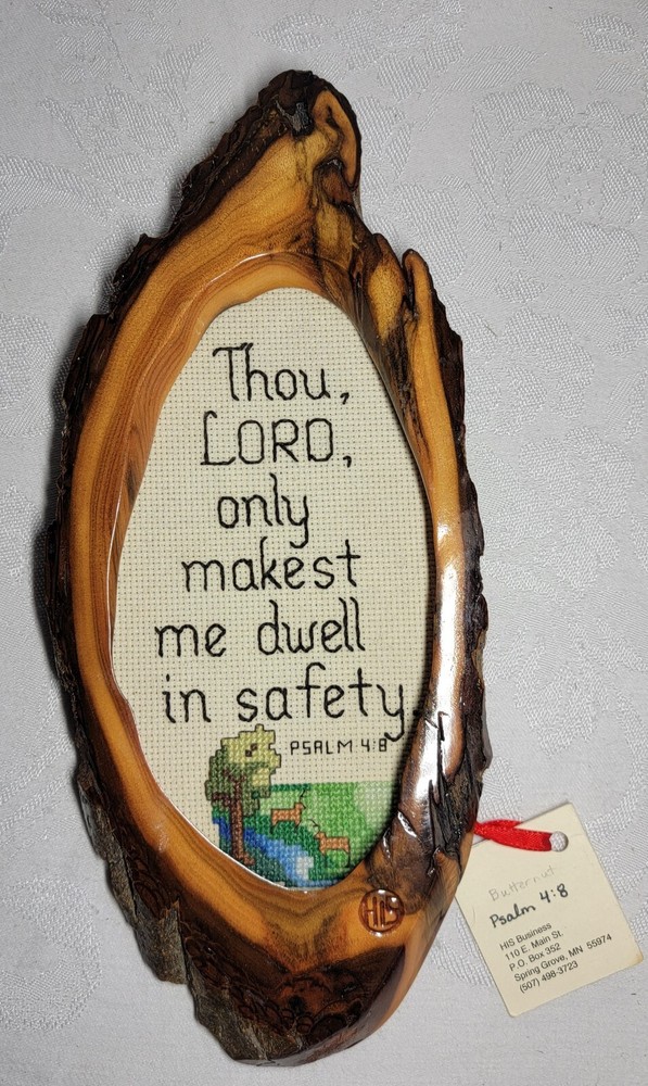 Vintage Wood Wall Hanging Frame Cross Stitch w/ Psalm 4:8 w/ Orginal Tag