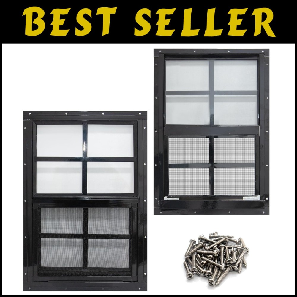 Black Shed Windows - Durable Frame with Tempered Glass & Fiberglass Screen