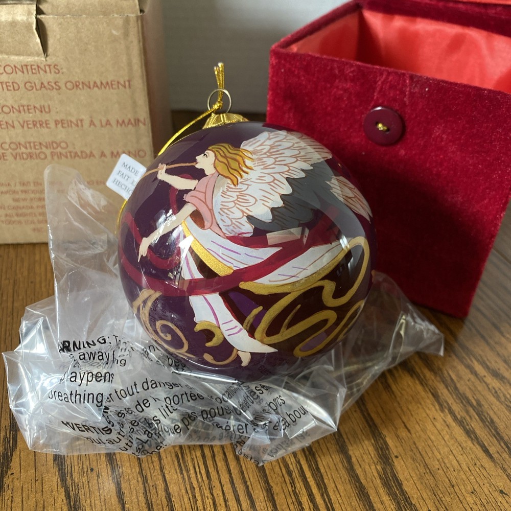 AVON Reverse Painted Red Angel Glass Ornament with Velvet Box 2014