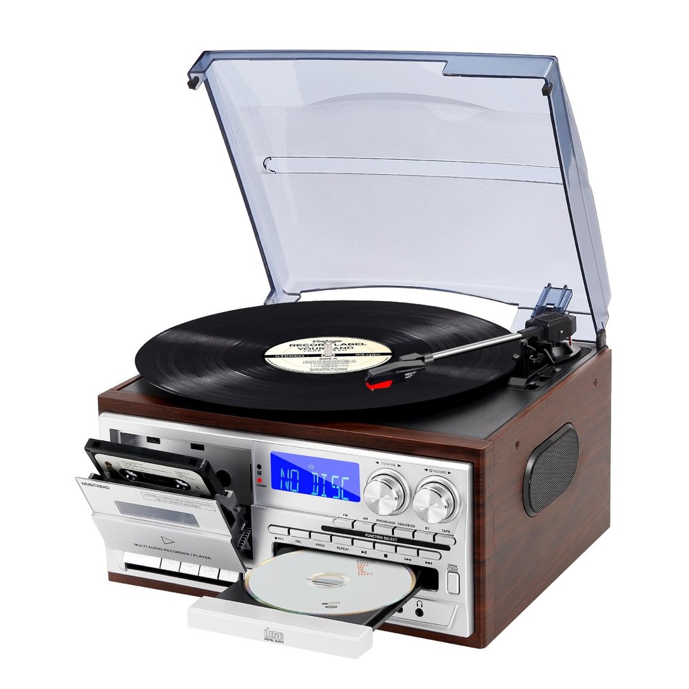 MUSITREND 9-in-1 Vintage Bluetooth Turntable with CD Cassette Player 3-Speed Retro Record Player