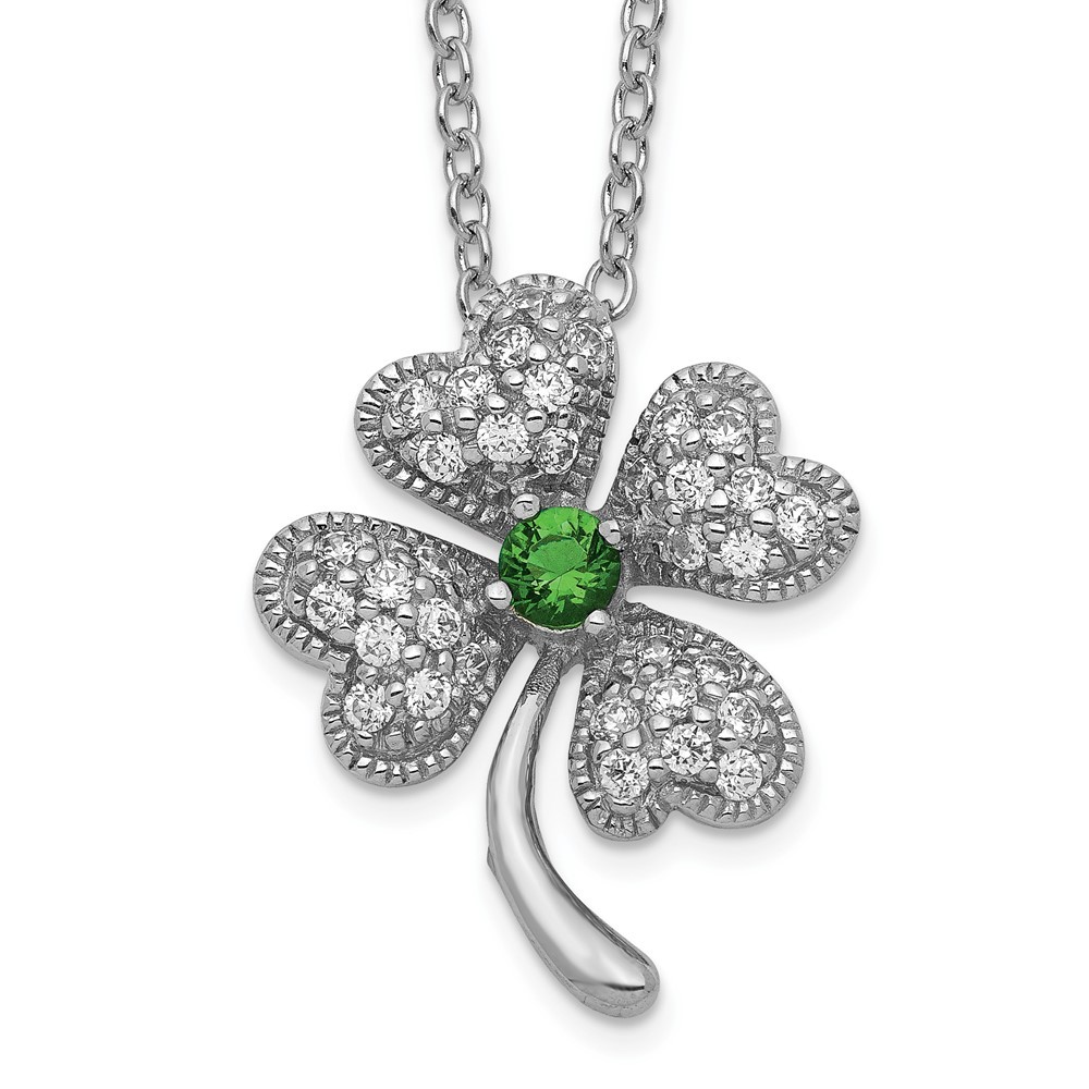 Sterling Silver Green Glass and CZ Four Leaf Clover Necklace 18 Inch Chain