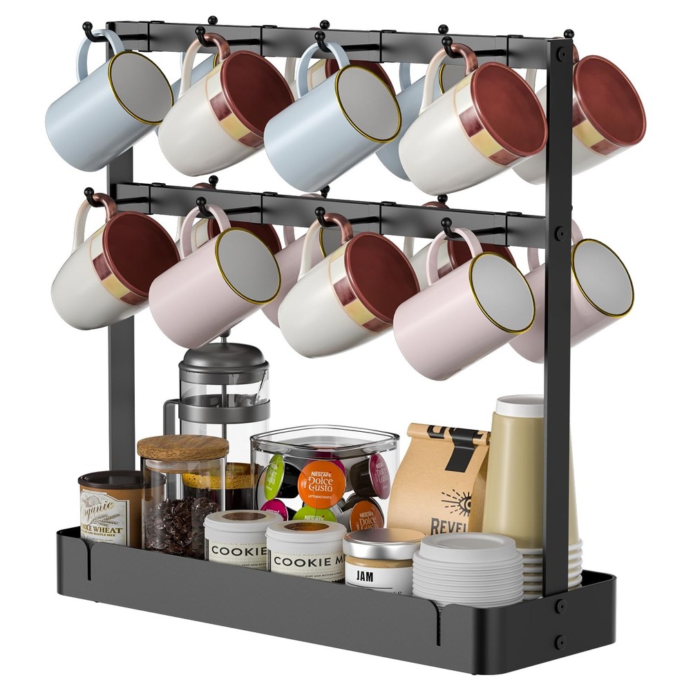 Countertop Coffee Cup Holder Aluminum Alloy 16 Hooks 2 Tier Tree Rack Storage