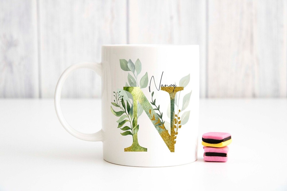 Personalized Name Initial Letter Monogram Floral Alphabet Mug N Gold Initial