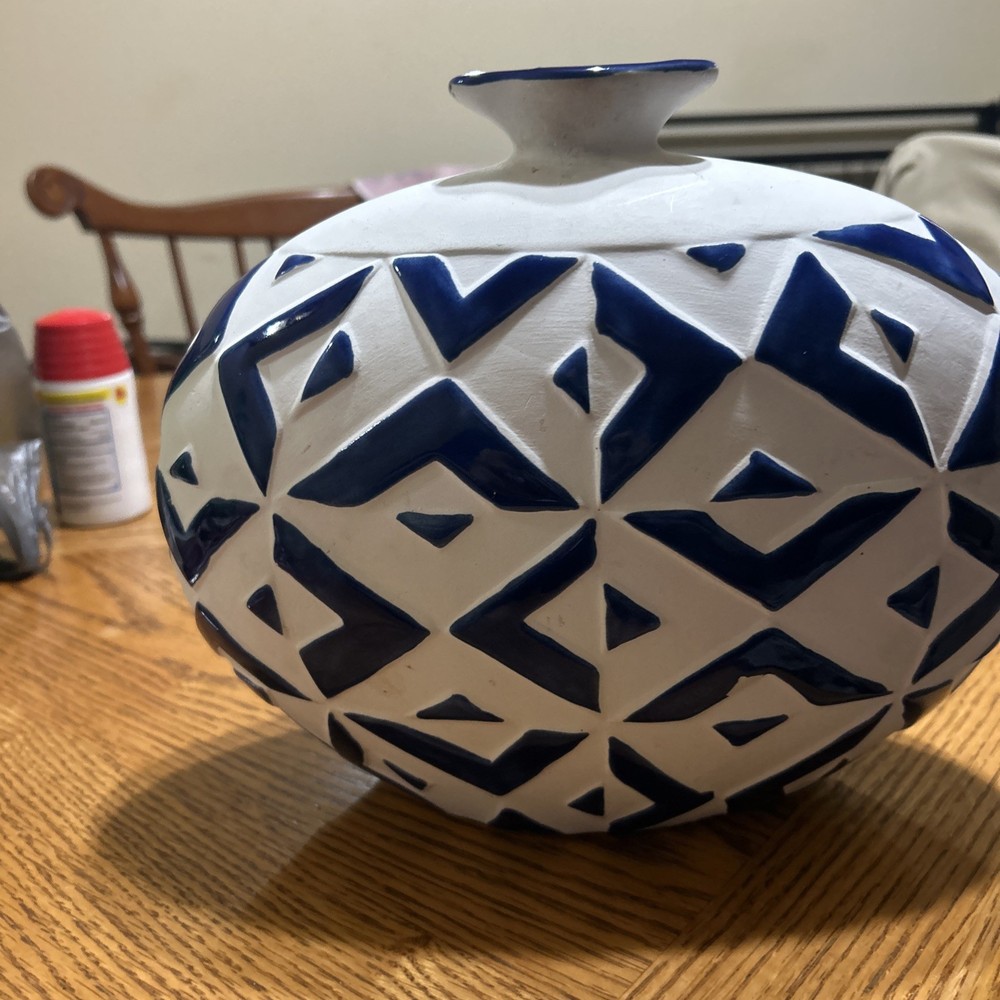 Threshold Stoneware Block Print Vase White/Blue 11” X 9”