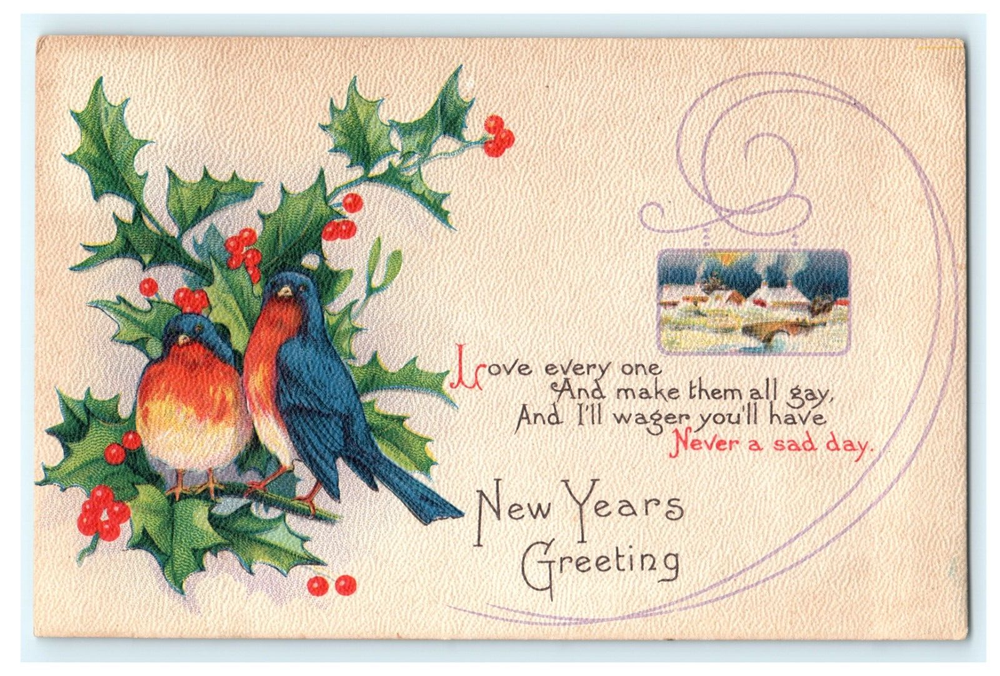 1900 New Years Greetings Holly Birds Home View-image