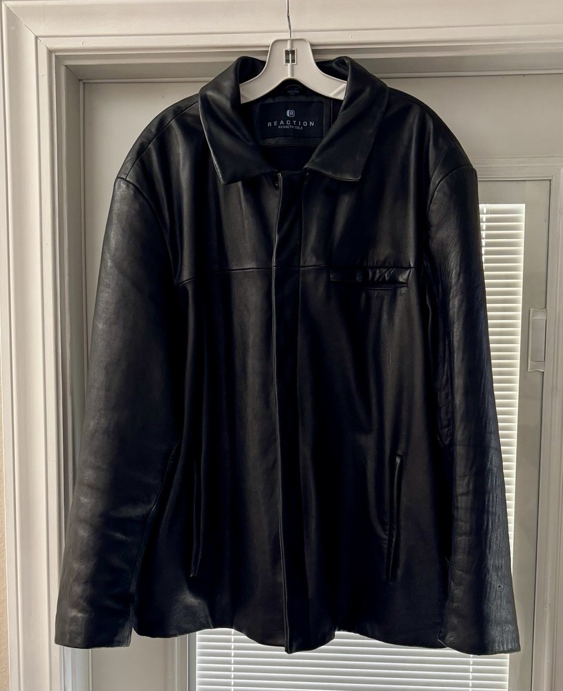 Kenneth Cole Reaction Black Leather Jacket Vintage, XXL Full Zip Car Coat-image