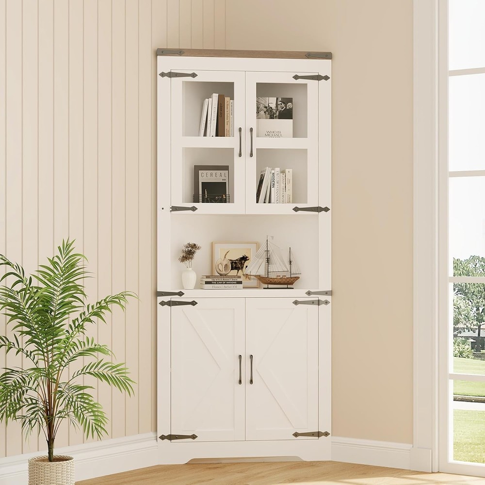 Farmhouse Corner Cabinet,Tall Storage Cabinet with 4 Door and Adjustable Shelves