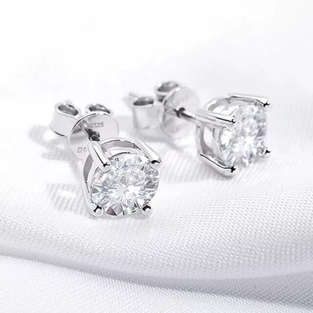 2CT Round Moissanite 4 Prong Stud Earrings 14k White Gold Plated