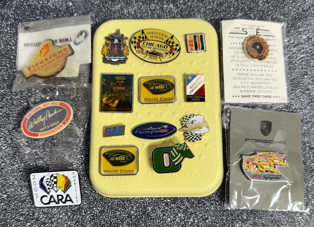 Lot of 16 Racing Pins - Porsche, Le Mans, Firestone, CARA, Participant, etc.