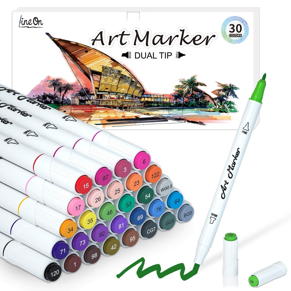 Dual Tip Alcohol Based Art Markers, Lineon 30 Colors Alcohol Marker Pens Perf...