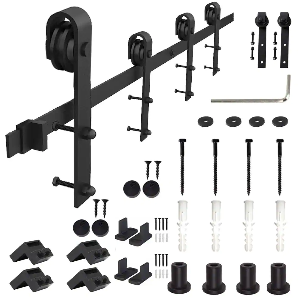 12 Ft Frosted Black Sliding Barn Door Hardware Kit for Double Doors
